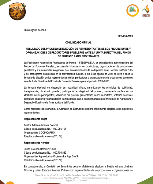 Resultado del proceso de elección de representantes ante la Junta Directiva del Fondo de Fomento Panelero 2026–2028