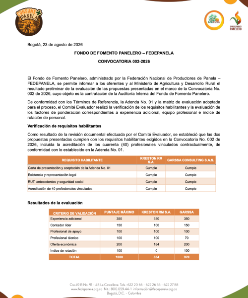 Resultado preliminar de evaluación – Convocatoria 002-2026